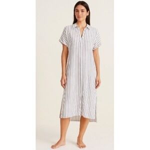 Lucky Brand Womens XL Striped Linen Blend Midi Shirt Dress Blue White Pockets